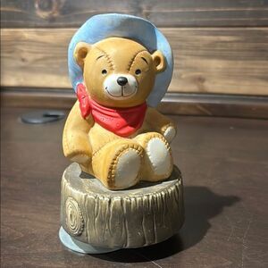 Vintage Charming Teddy Bear Figurine Blue Hat and Red Scarf Moving Music Box